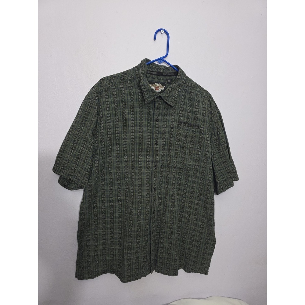 Harley-Davidson Men's 2XL Green Button Down Shirt – All-Over Print – Embroidered